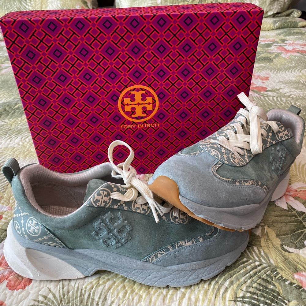 Tory Burch Good Luck Trainer in Blue Celadon, Size 11